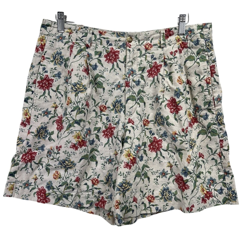 Liz Sport Floral Print Linen Blend High Rise Shorts - Size 14 - Vintage